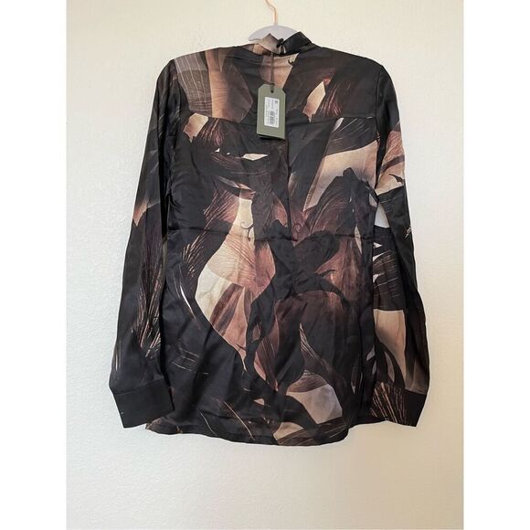 AllSaints Toni Iris Silk Blend Shirt Button Up Coffee Brown NEW - Picture 11 of 14
